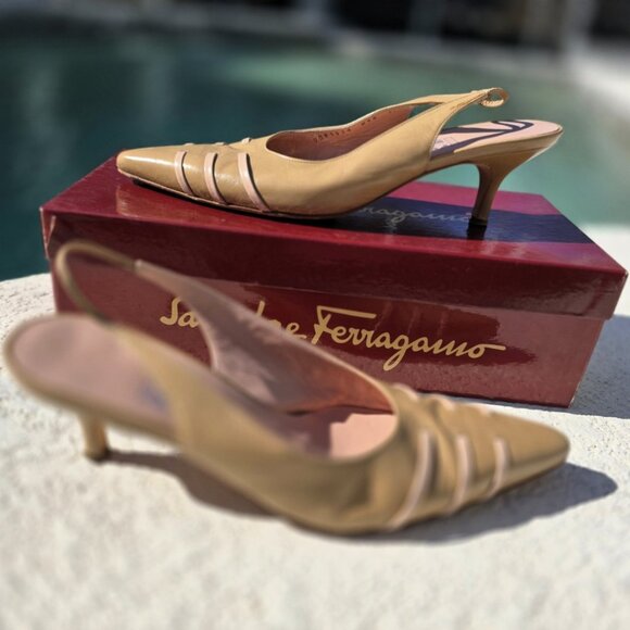 Vintage Salvatore Ferragamo Rosier Beige Leather Slingback Heels — Size 7.5 B - Picture 1 of 9